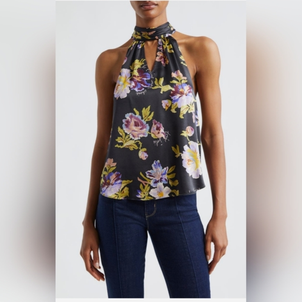 Cinq a Sept Floral Halter Sleeveless Top in Pink and Black Medium